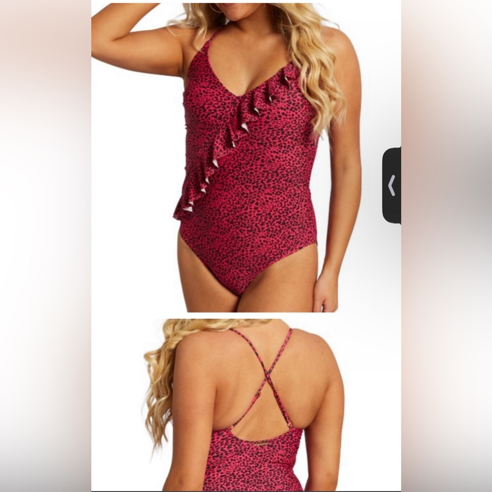 JUICY COUTURE Red Pink Leopard Animal Print Asymmetric Swimsuit Size Medium NWT
